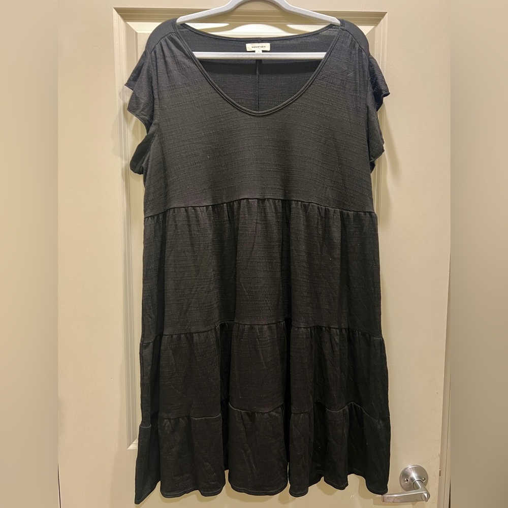 Max Studio Black Tiered Babydoll Dress 1X Plus Size Ruffle Sleeves